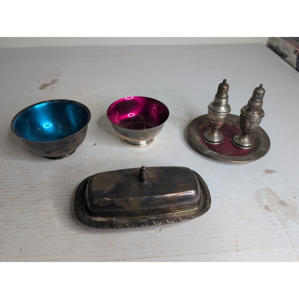 Mixed Lot Of Vtg Silver Dishes Butter w/ Lid, Salt Pepper Shakers Newport Oneida